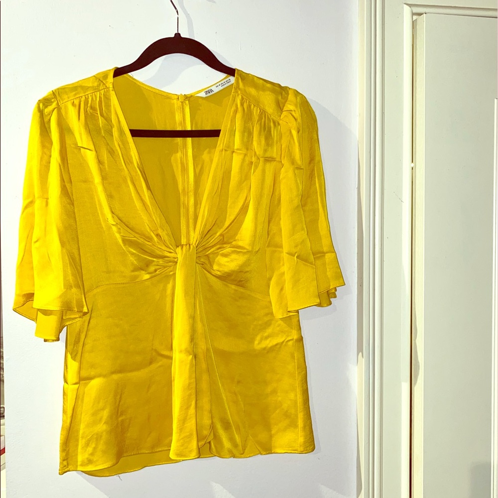 Yellow ZARA satin blouse.